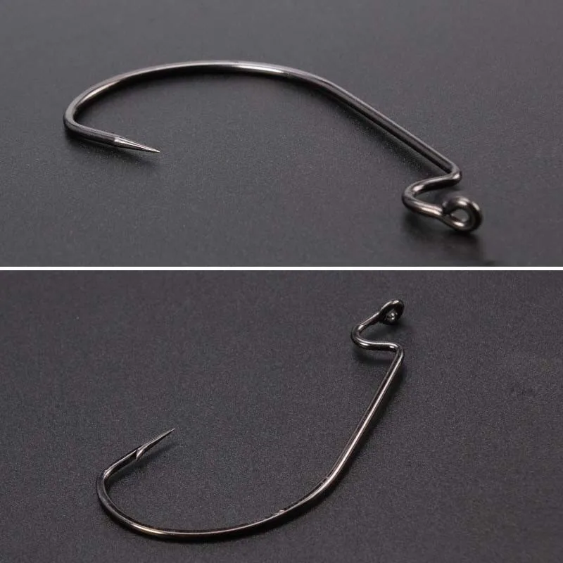 100 Uds. Anzuelos de pesca de gusano de espacio ancho, manivela de plantilla, anzuelo de lubina grande, manivela de acero negro de alto carbono, anzuelo de púas para señuelo de pesca suave - imagen 2