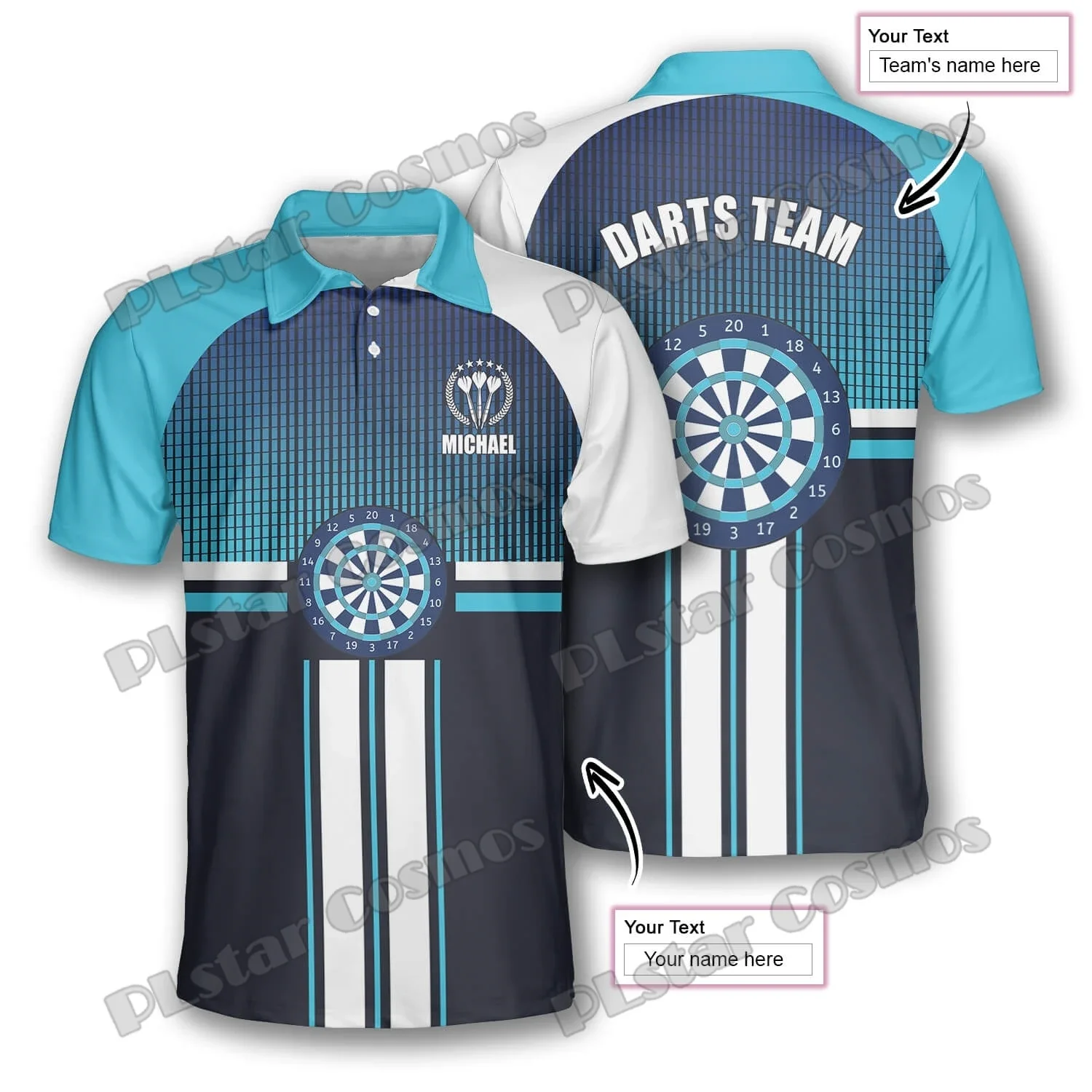 Dardos estilo deportivo blanco azul personalizado 3D impreso moda hombres Polo camisas verano Casual Unisex Premium Polo PLP33