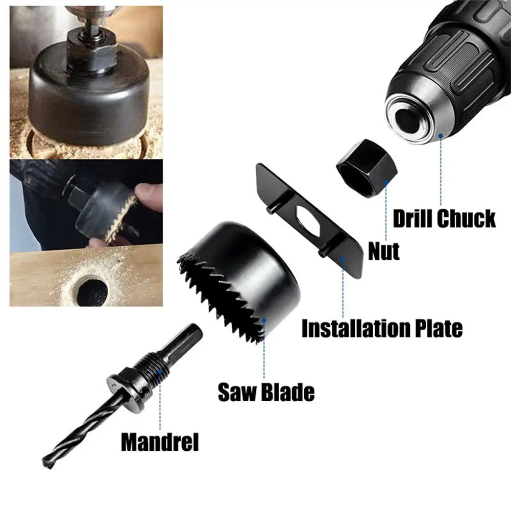 Kit de sierra perforadora de 16 piezas que incluyen hojas de sierra perforadora universales de 3/4 "-5" (19-127 mm) Mandriles Brocas Placa de instalación Llave hexagonal - imagen 3