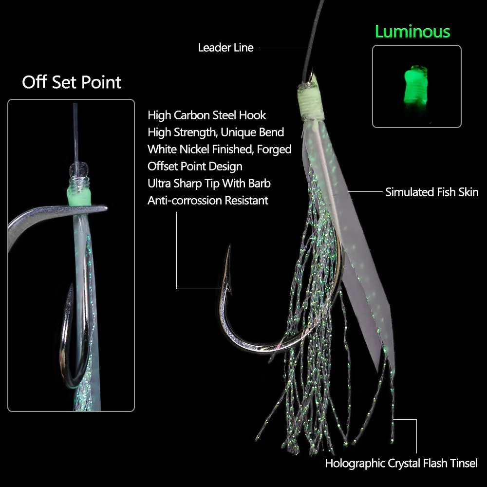 Bimoo-anzuelos de cuerda de piel de pez simulada luminosa, aparejo Sabiki, pesca en agua salada, señuelo de pesca en alta mar, anzuelo de pesca intermitente, 100 Uds. - imagen 2