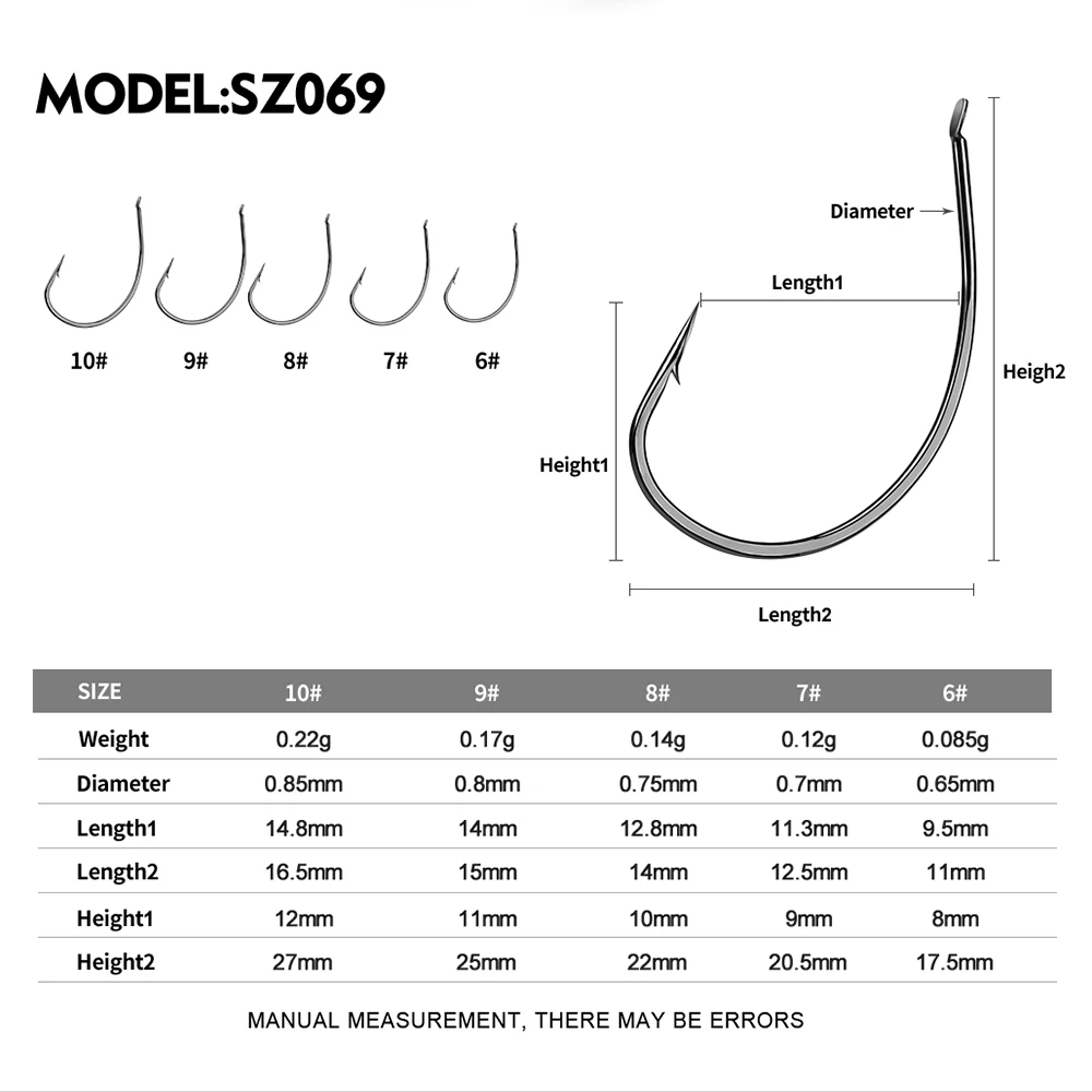PROBEROS-anzuelos de pesca individuales, 10 piezas, 6-7 #-8 #-9 #-10 #, de gran espacio anzuelo de pesca, acero de alto carbono, gusano, aparejos de pesca de lubina - imagen 3