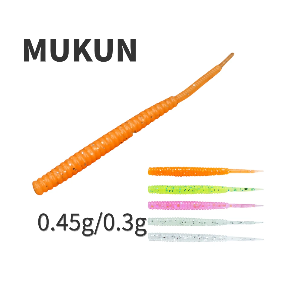 MUKUN-señuelo de pesca suave pequeño, cola de aguja Artificial Wobbler de silicona, cebo de gusano, aparejos de pesca, 0,3g/0,45g, 10 unidades por lote