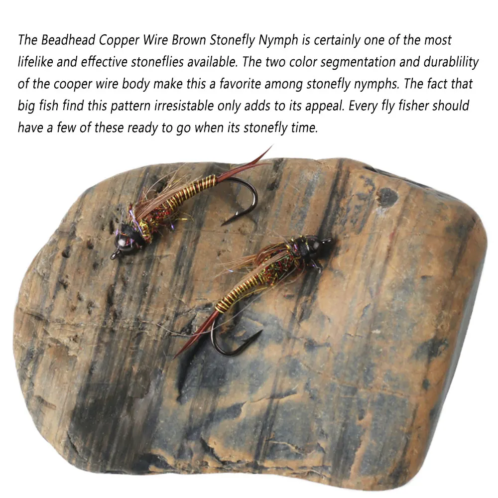 Bimoo # 10 6 uds cabeza de cuentas de latón hundimiento rápido Stonefly Ninfa marrón Hackle alambre de cobre mosca de Ninfa húmeda para Señuelos de pesca de trucha cebos - imagen 5