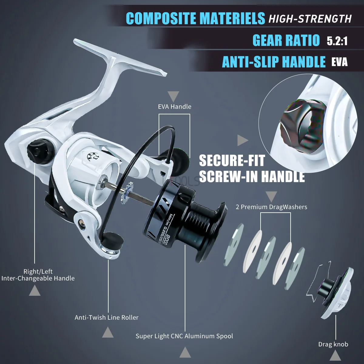 Carrete de pesca giratorio YW2000/3000 serie 5,2: 1 relación de engranaje de alta velocidad carrete de pesca de Color blanco mango EVA herramientas de pesca sin huecos - imagen 3