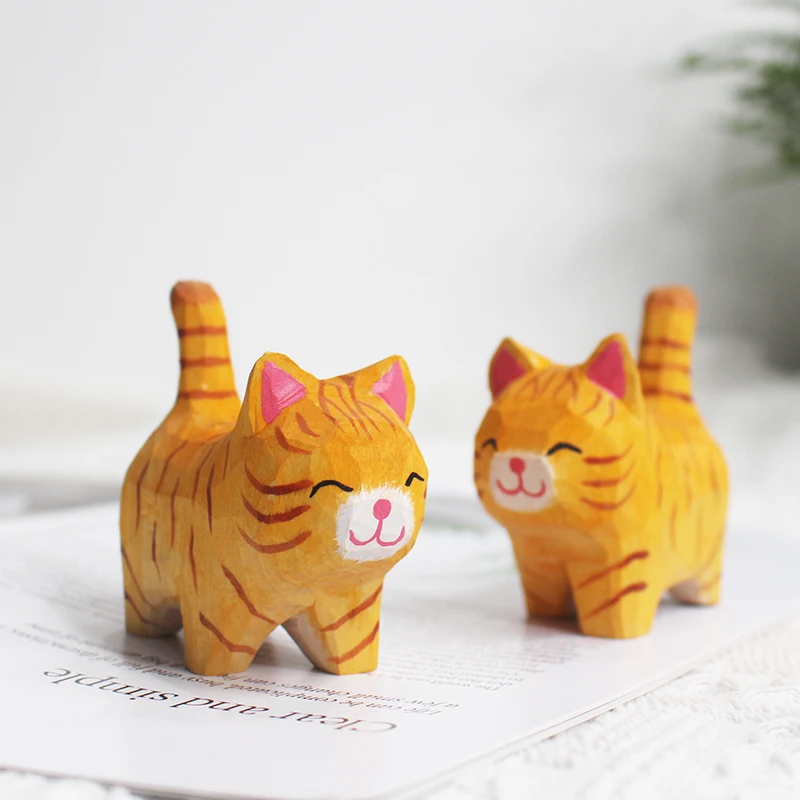 Adornos de gatito tallados en madera hechos a mano, Animal PEQUEÑO, artesanías creativas de decoración de gato de madera de escritorio - imagen 3