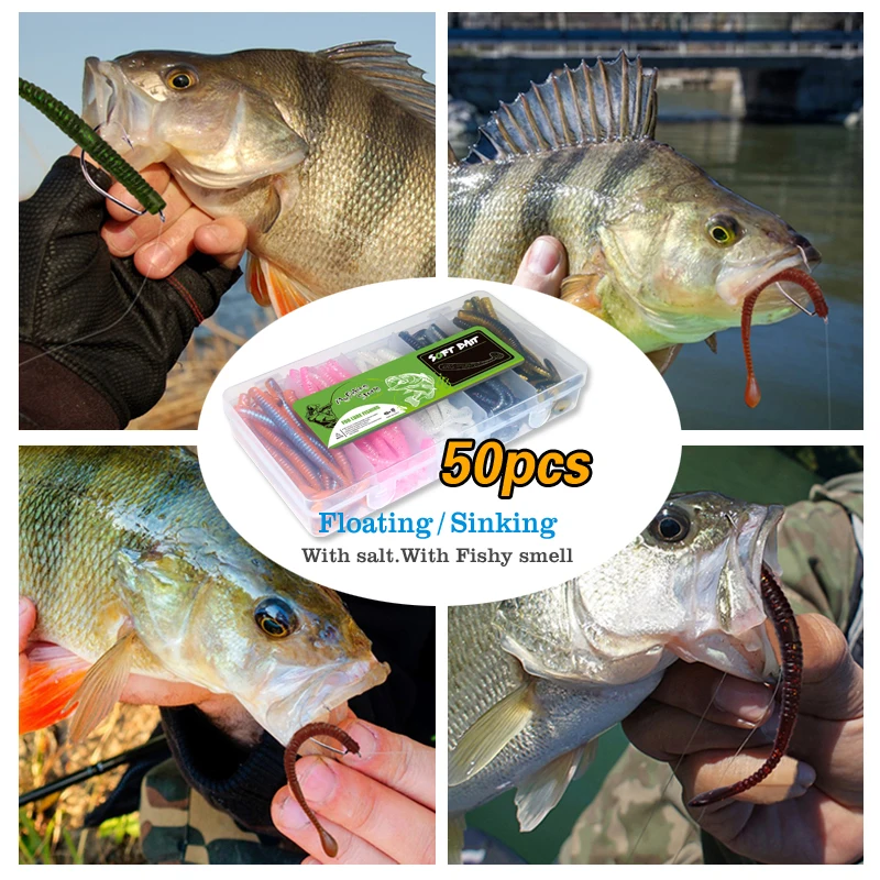 Juego de Señuelos de Pesca de 50 piezas, cebo flotante de gusano de tierra que se hunde, cebo de silicona Artificial suave, gusano Wobbler de mar, todo para pesca - imagen 5