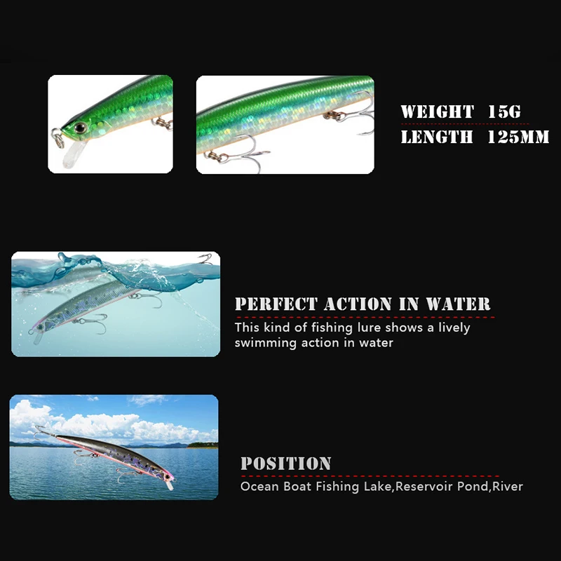 Señuelo de pesca de agua salada, pececillo flotante de fundición larga, 125mm, 15g, trucha grande, Lucio, Swimbait Artificial, Wobbler, cebos duros, Jerkbait - imagen 4