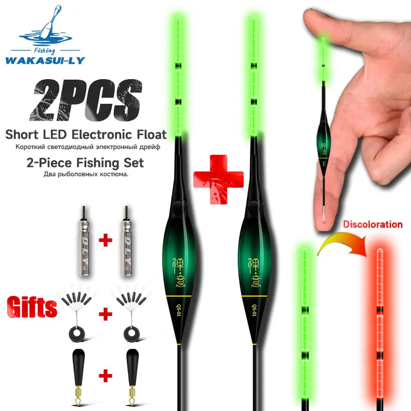 Nuevo Juego de 2 piezas de flotador de pesca electrónico, estilo corto, LED nocturno, detección de gravedad, gancho para morder, equipo de pesca que cambia de Color