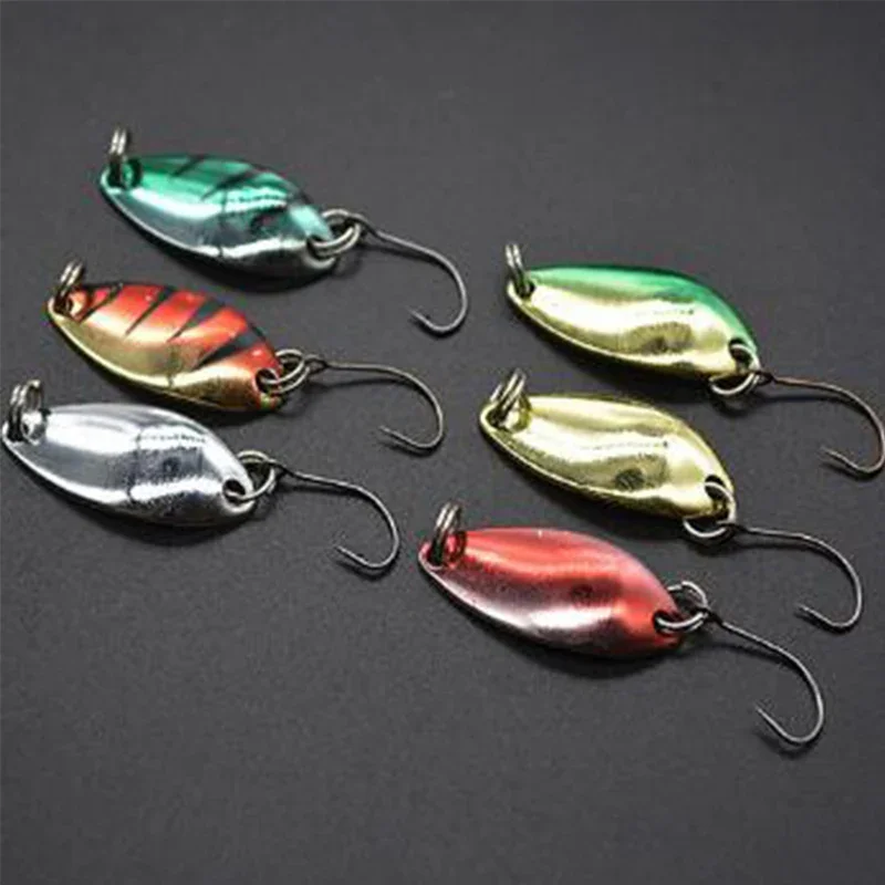 OUTKIT 6 unids/lote 3g 3, cm aparejos de pesca cebo de pesca cuchara de Metal señuelo cebo para trucha cucharas de lubina pequeña cuchara giratoria de lentejuelas duras