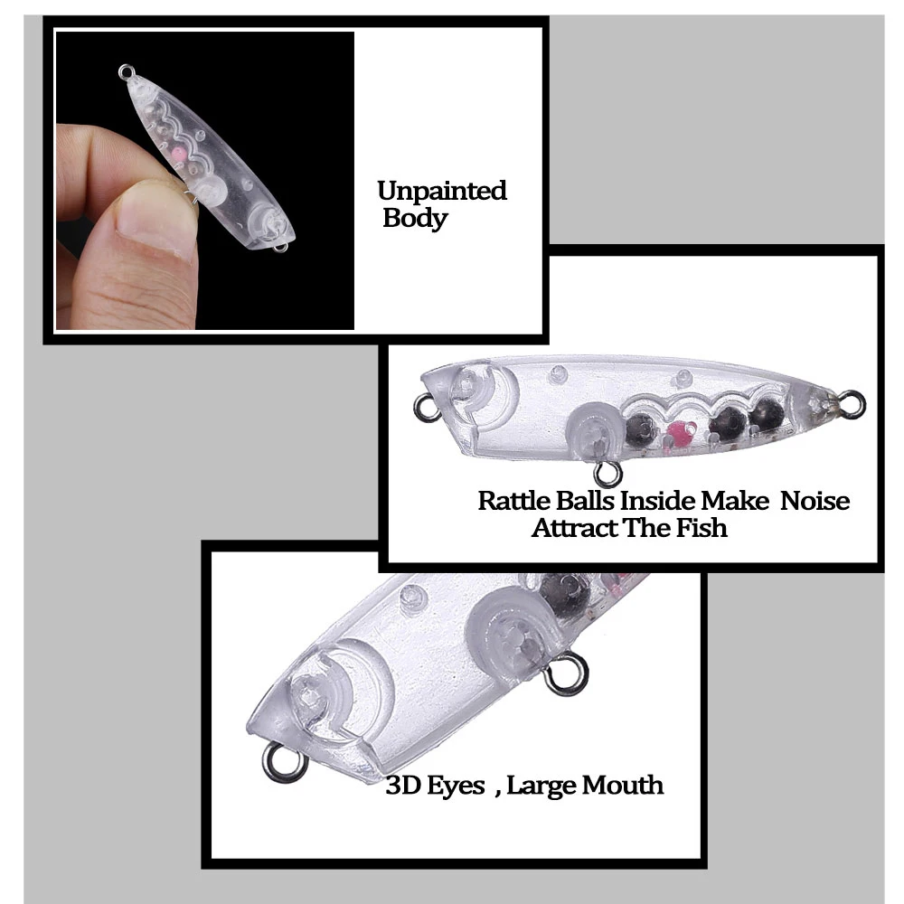 Chan'sHuang 30 Uds. Cebo en blanco sin pintar 45mm 2,9g sonajero Topwater Mini Popper DIY hecho a mano aparejos de señuelo de pesca Artificial - imagen 4