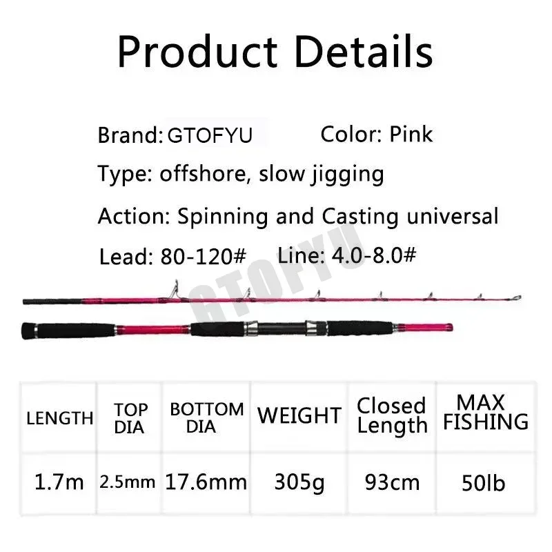 Caña de Jigging lenta superdura, 1,7 M, PE, 4-8, peso de señuelo 80-120G, 13kg, envío máximo, caña de pescar para barco, caña de pescar de aguas profundas en el océano - imagen 4