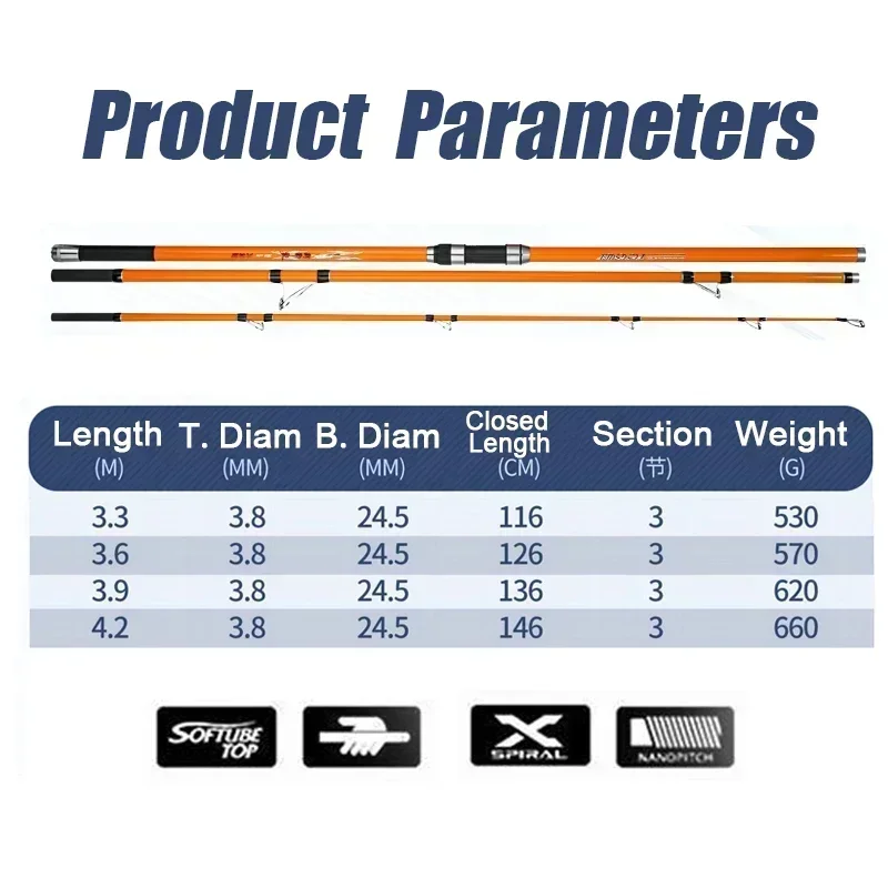 Caña de pescar de carpa, 3 secciones, 35kg de largo, caña de pescar giratoria para Surf, caña de lanzamiento de distancia de fibra de carbono SK dura, 3,3 M 3,6 M 3,9 M 4, - imagen 3