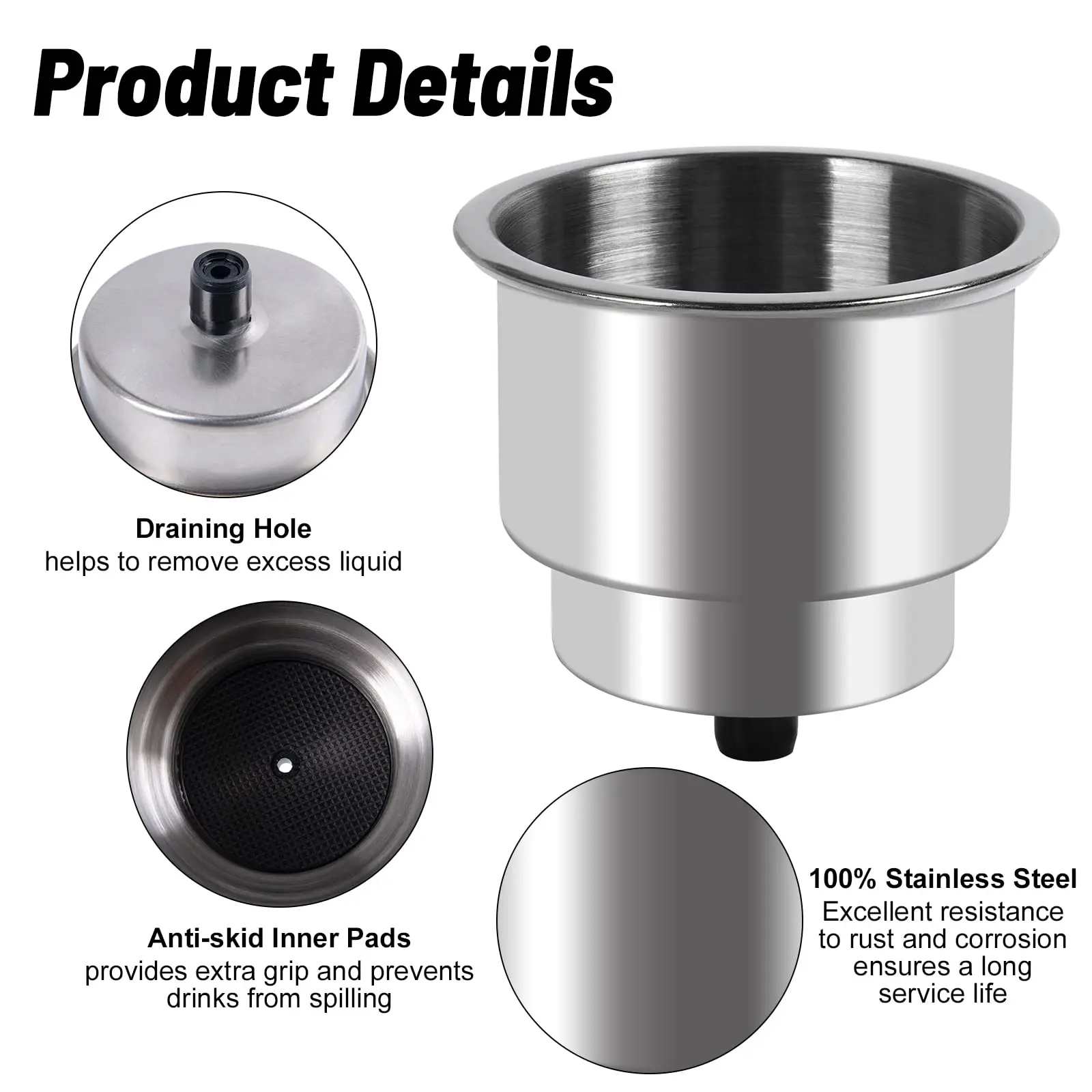 Goture Portavasos para yate, portavasos de acero inoxidable pulido a prueba de herrumbre, con accesorios para barcos con drenaje, coche para camper - imagen 4