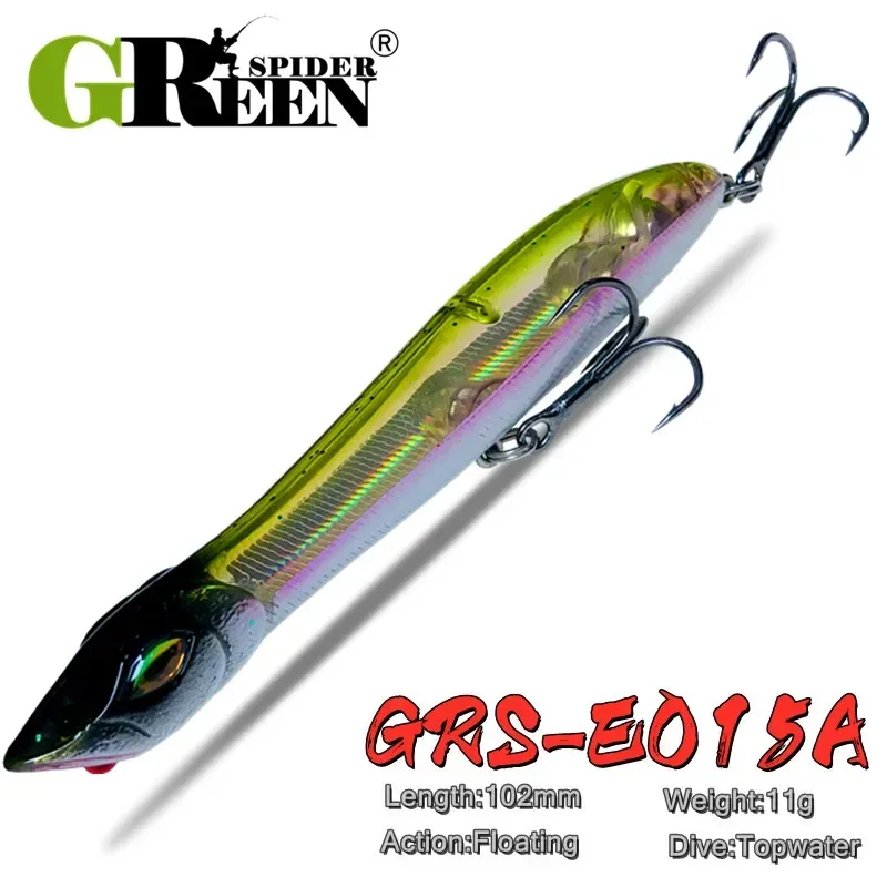 GREENSPIDER nuevo Popper Topwater 105mm 10g Wobbler cabeza de serpiente señuelo de pesca flotante lubina Pike cebo con anzuelos Mustad