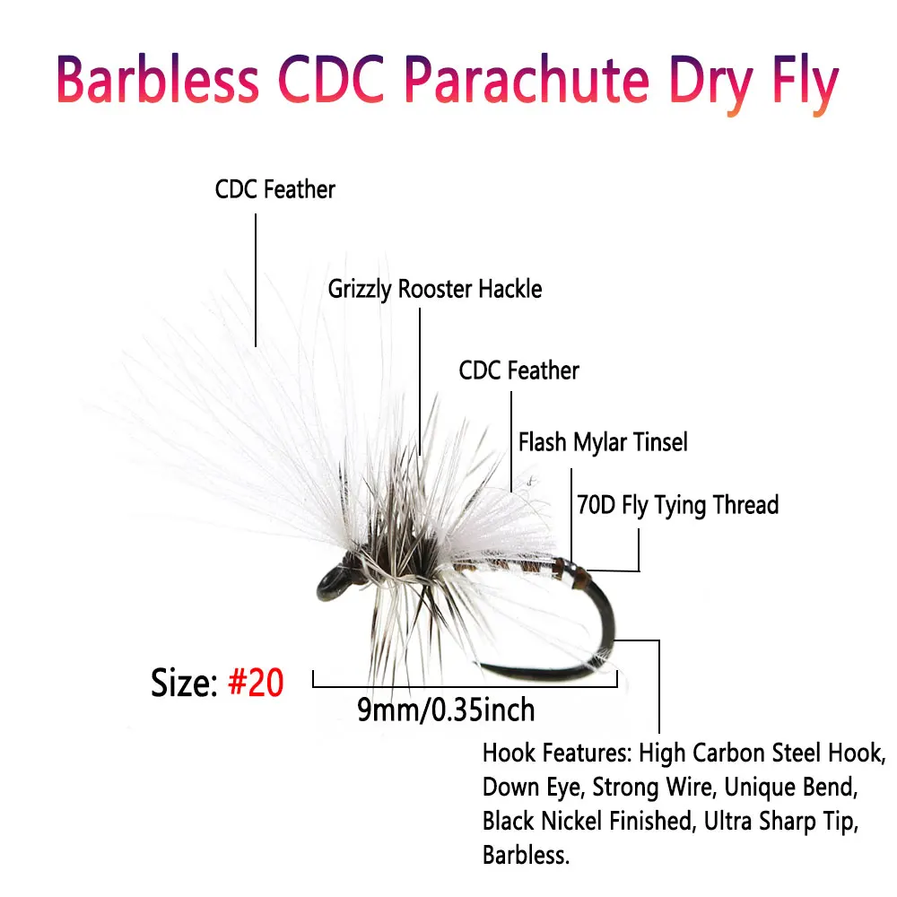 Bimoo 6PCS # 20 sin púas CDC paracaídas mosca seca gallo Hackle Artificial Emeger insecto cebo para trucha Grayling perca señuelo de pesca - imagen 3