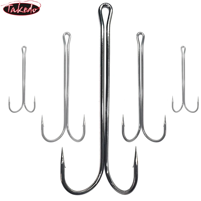 TAKEDO 10 Uds 9883 anzuelo de pesca doble de vástago largo doblado redondo, anzuelo de pesca de púas de níquel negro de acero al carbono para señuelo de rana - imagen 3