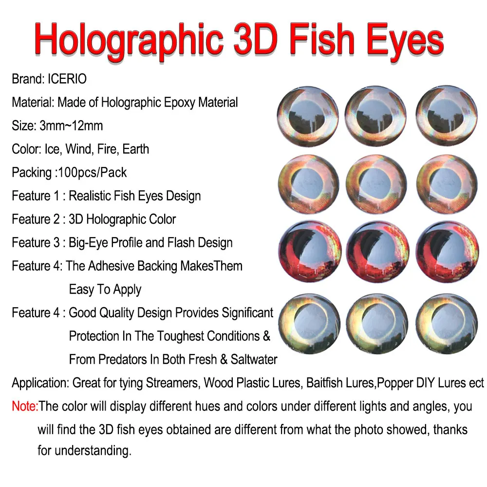 ICERIO 100PCS  Holographic 3D 4D Fish Eyes For Fly Tying Streamer Flies Baitfish Wood Plastic Lures Saltwater Fishing Lures - imagen 3