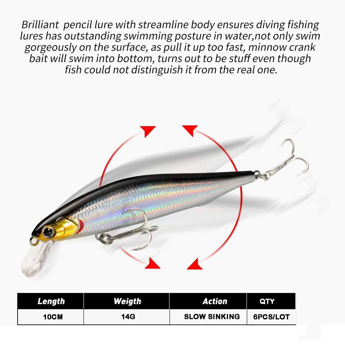 Señuelos de pesca de pececillo de hundimiento lento, 10cm, 14g, 6 unids/lote, con sistema de fundición larga con anzuelos de pesca de alta calidad para trucha y Lucio - imagen 2