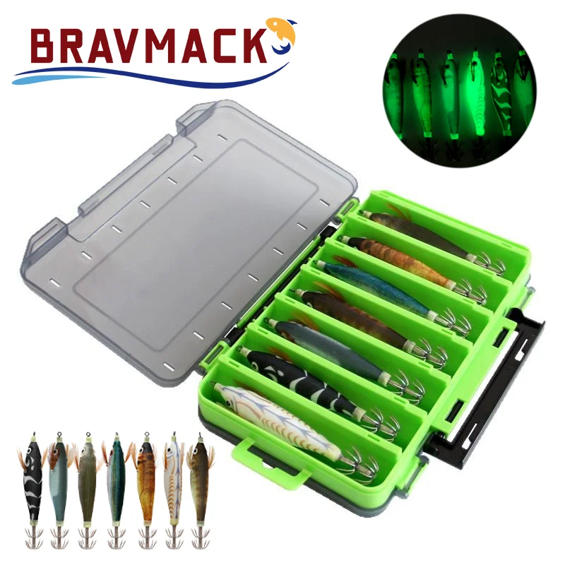 14 unids/pack 10cm plantillas de calamar luminosas en caja de madera señuelo de pesca de camarones anzuelo de calamar sepia pulpo cebo de pesca de mar