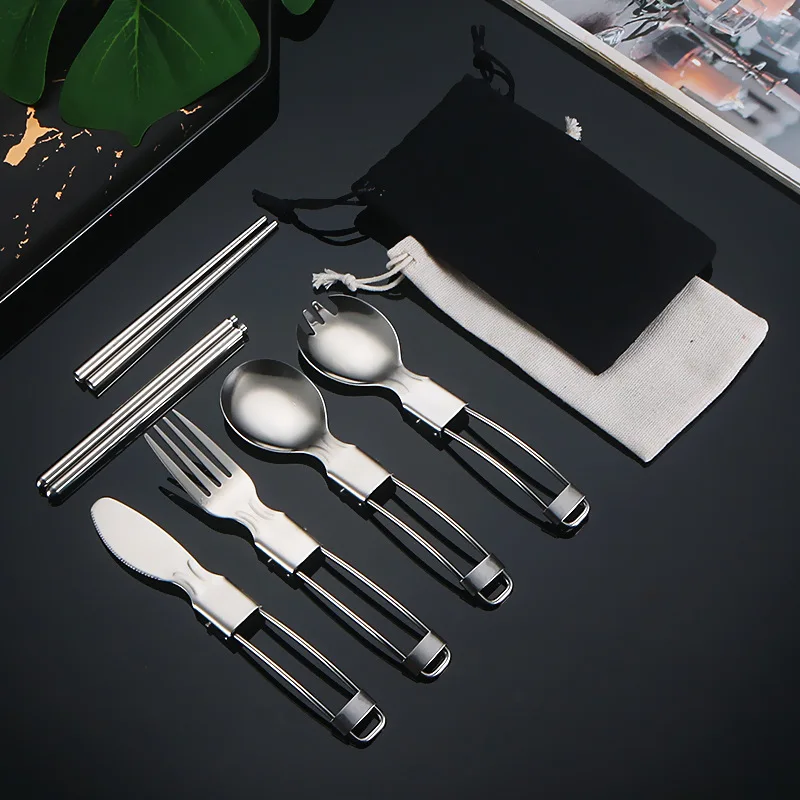 Juego de cuchara y tenedor para acampar, vajilla portátil de 7 piezas para exteriores con bolsa de almacenamiento, juego de cubiertos plegables para acampar, senderismo, pesca, Picnic - imagen 4