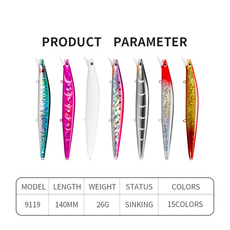 Señuelo de pesca Minnow que se hunde 26g 140S, sistema de peso de tungsteno, cebos duros de fundición larga para agua salada, aparejos de pesca de calidad - imagen 3