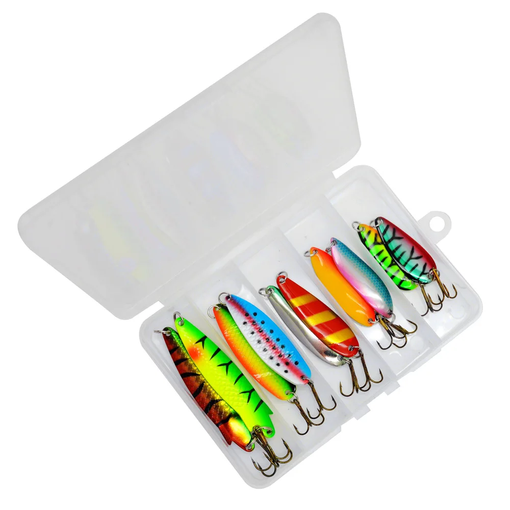 10 unids/caja cucharas de pesca cebo duro para Lucio trucha cuchara giratoria de Metal señuelo mezcla de colores con anzuelos triples juego de señuelos artificiales - imagen 5