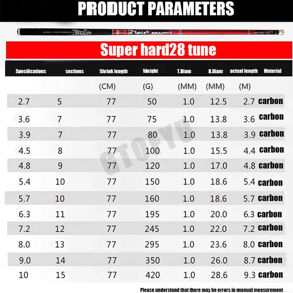 Caña de pescar telescópica de 2,7 M/4,5 M/5,4 M/6,3 M/7,2 M/8M/10M, depósito de carbono, caña de pescar para estanque, caña de pescar de mano de fibra dura súper ligera - imagen 5
