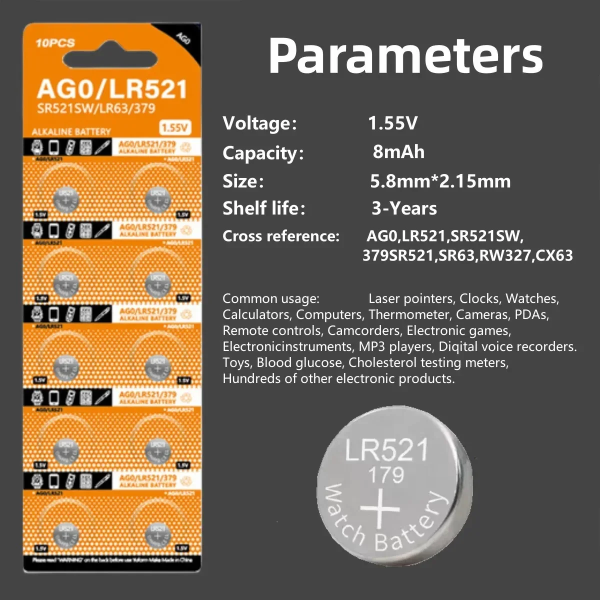 Pila de botón SR521SW 1,5V alcalina para calculadoras, relojes y juguetes - imagen 2