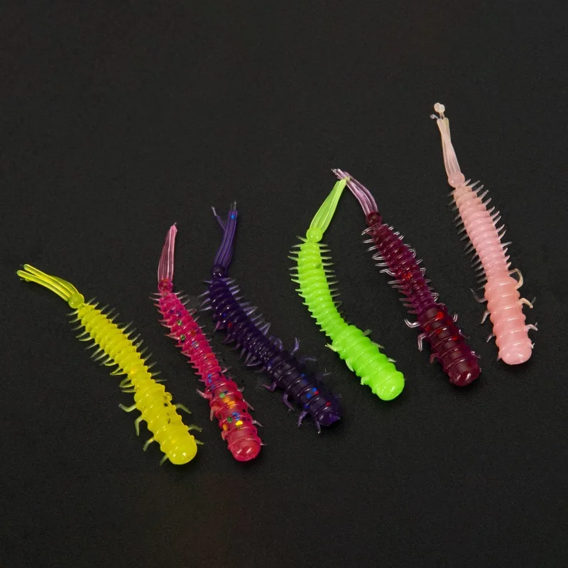 MNFT 60 uds 45mm/0,4g Luya cebo de pesca suave PVC raíz pez cebo 3 colas espiral multicolor Slug cebo - imagen 4