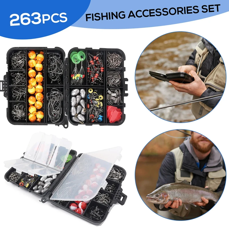 Juego de accesorios de pesca con caja de aparejos, Incluye alicates, anzuelos de plomada, deslizadores de pesas, 263 unids/set - imagen 3
