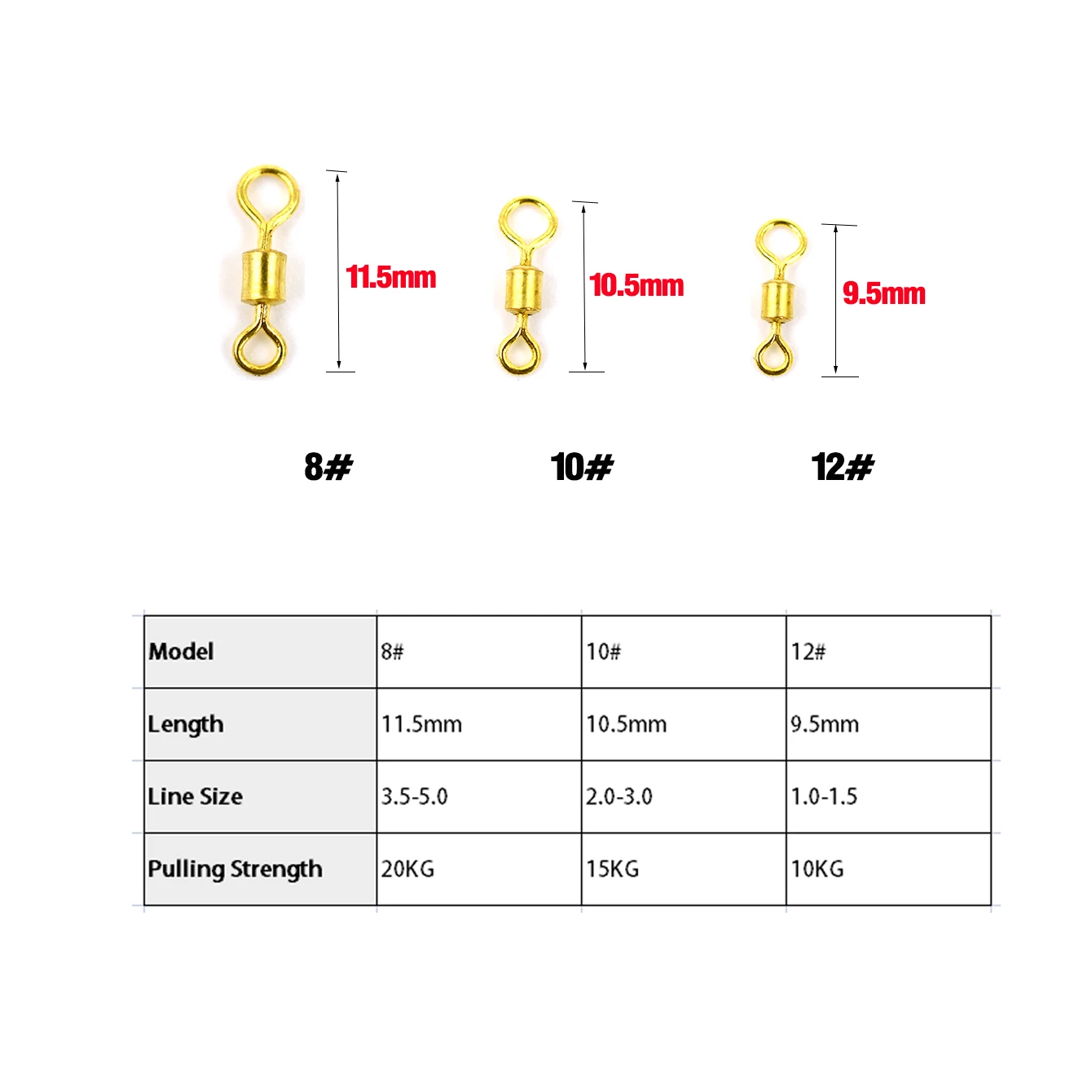 MNFT 200 Uds. Conector de aparejos de línea de anzuelo de pesca giratorio de barril rodante de pesca dorado 8 #   10 #   12 # - imagen 3