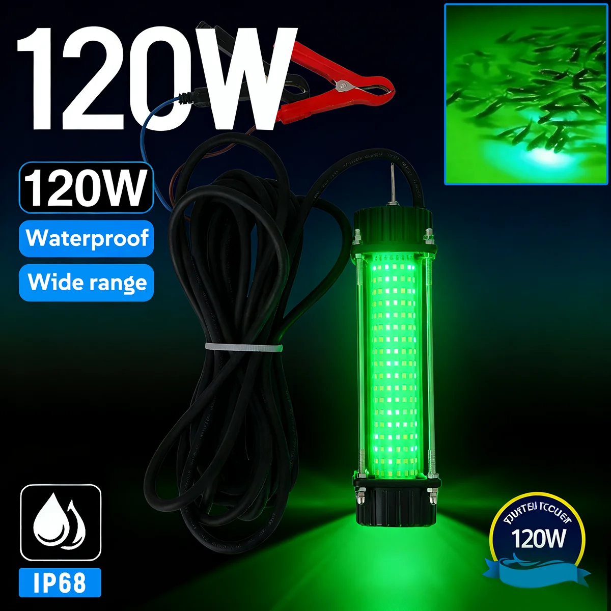 Equipo de pesca especial de noche, verde y blanco, 12V, 120W, luz de pesca nocturna impermeable subacuática de alta potencia, cebo sumergible
