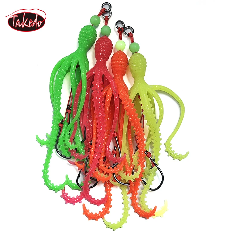 TAKEDO 2 unids/bolsa 9G TPR falda de pulpo calamar luminoso suave señuelo pesca en el mar UV señuelo de curricán cebo Artificial para lubina atún - imagen 3