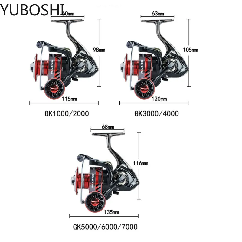 YUBOSHI-carrete de pesca con agarre de Metal, rueda giratoria de trucha marina de GK1000-7000, arrastre máximo de 8kg, relación de engranaje 5,2: 1 - imagen 5