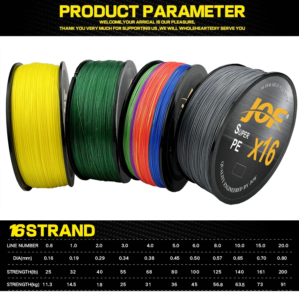 JOF-sedal trenzado X16 de 16 hebras, alambre de pesca de núcleo hueco para agua salada, resistencia a la abrasión, multifilamento, Super PE, 500M - imagen 5