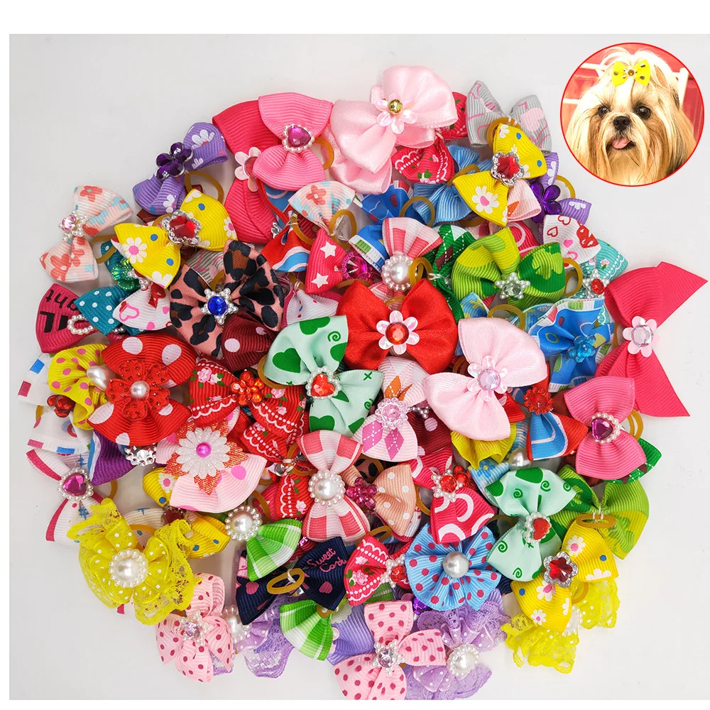 10 unids/set de bonitos lazos para perros, accesorios para el cabello con bolas, patrones mixtos de aseo con bandas de goma, gorros para perros, suministros para mascotas - imagen 2