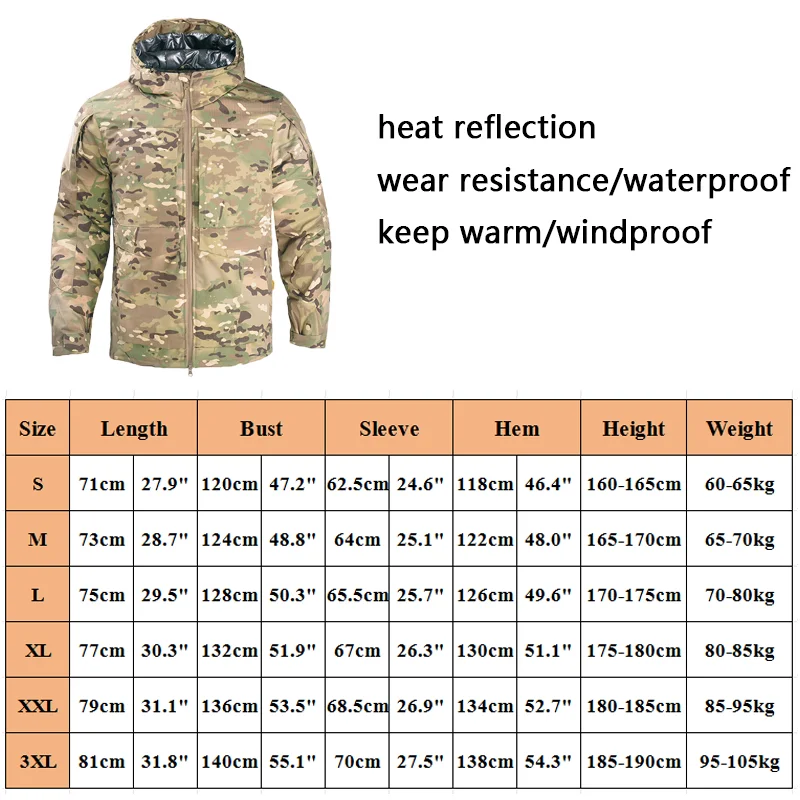 Chaquetas reflectantes de calor para hombre, chaquetas tácticas térmicas de invierno, abrigos con capucha, cortavientos resistente al desgaste, chaqueta de camuflaje, ropa de senderismo - imagen 2