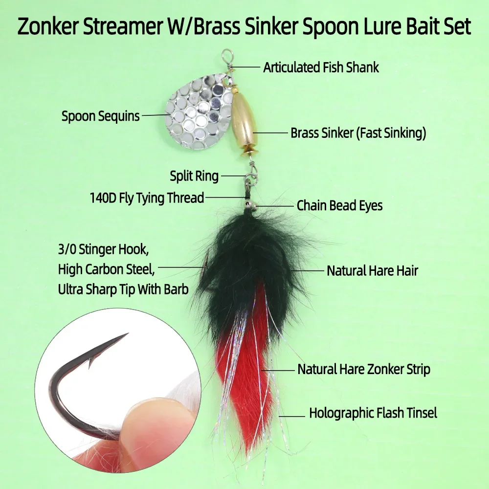 Bimoo 5 uds Hare Zonker Streamer con cuchara de plomo de latón juego de cebo señuelo cebo lentejuelas Stinger anzuelo Spinner señuelo de pesca - imagen 3