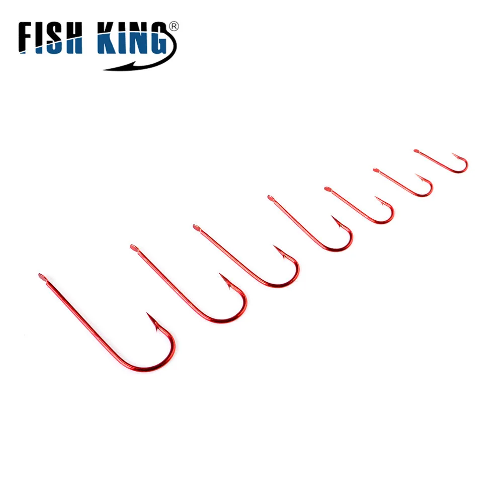 FISH KING-anzuelo de pesca de 50 piezas, anzuelo de pesca rojo largo 6 #-16 # con púas, anzuelo de acero de alto carbono, señuelo doblado, aparejos de carpa anillados - imagen 5
