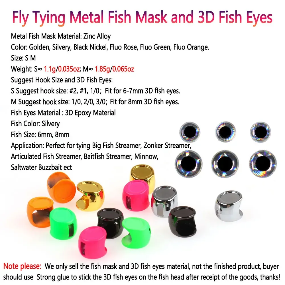 Bimoo, 10/12 Uds., atado de moscas, cabeza de máscara de pez de Metal con ojos de pez 3D para Zonker Streamer Baitfish, lubina almizclada, trucha, Señuelos de Pesca de Mar - imagen 4