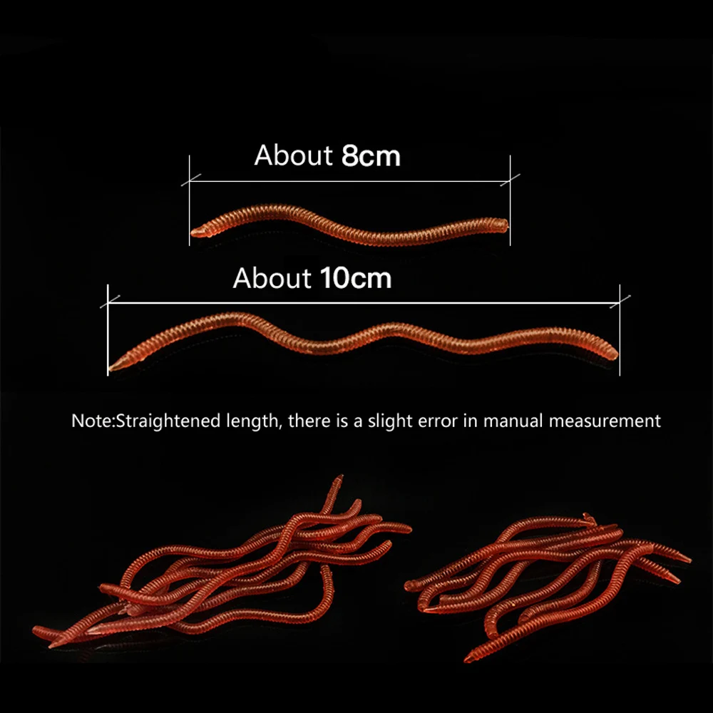 Gusano rojo de silicona realista, señuelos blandos de 3,5 cm, 8cm y 10cm, cebo Artificial de gusano de tierra, aditivo de sabor de Camarón, aparejos de carpa de lubina, 50 unids/lote por caja - imagen 4