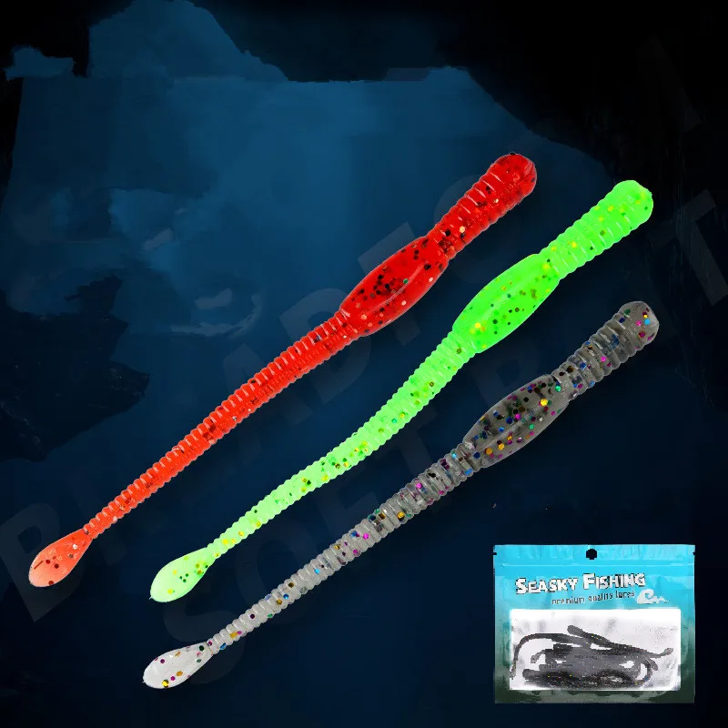 Señuelo de pesca de gusano de cola larga, cebo suave de 7cm, Texas Rig Drop-Shot Rig, Jig Head, Blink, lentejuelas Grub, señuelos artificiales, lote de 10 piezas, venta - imagen 4