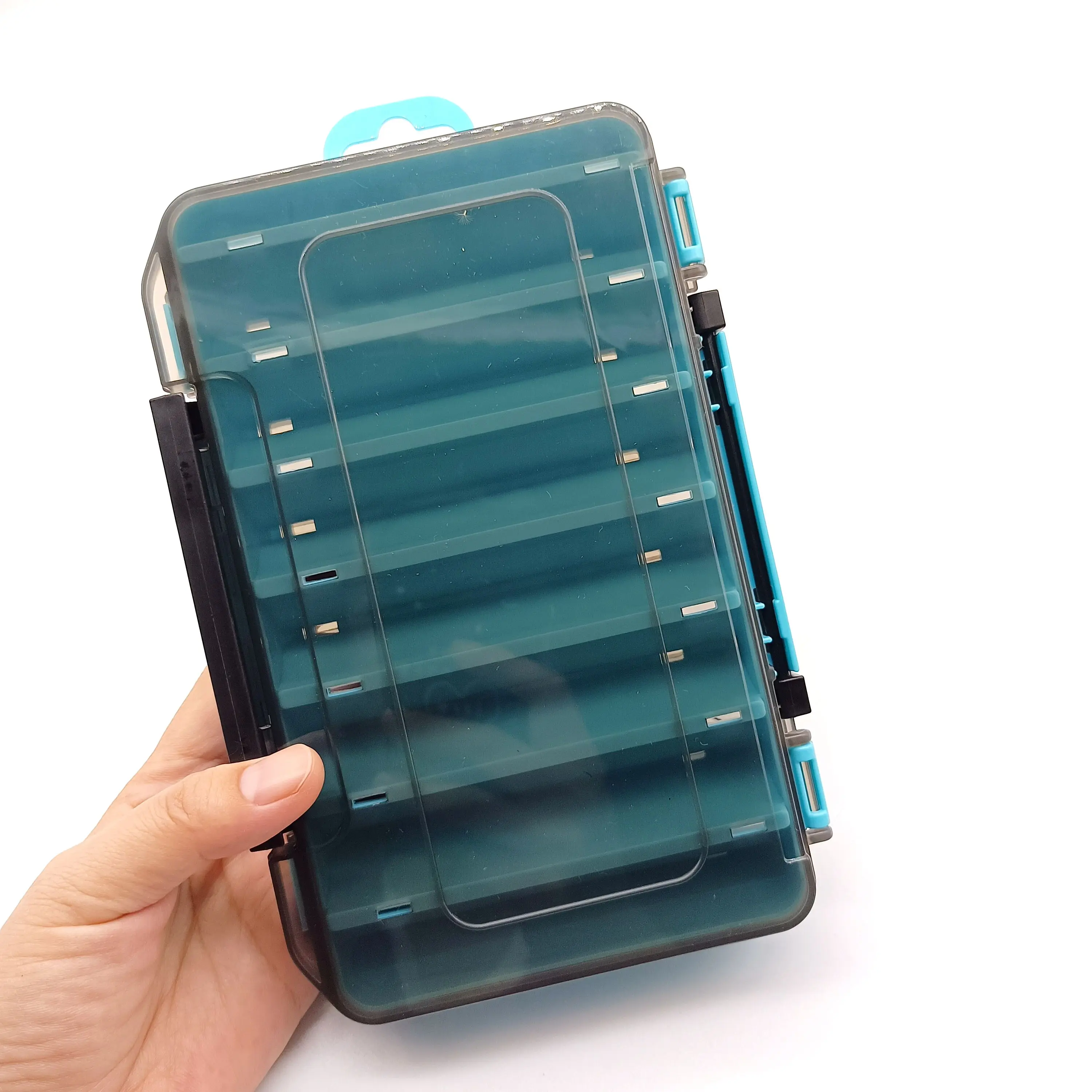 DUODUOYU-cajas de aparejos de pesca de doble cara, 1 unidad, 14 compartimentos, caja de almacenamiento portátil de aparejos de pesca de rejilla múltiple - imagen 4