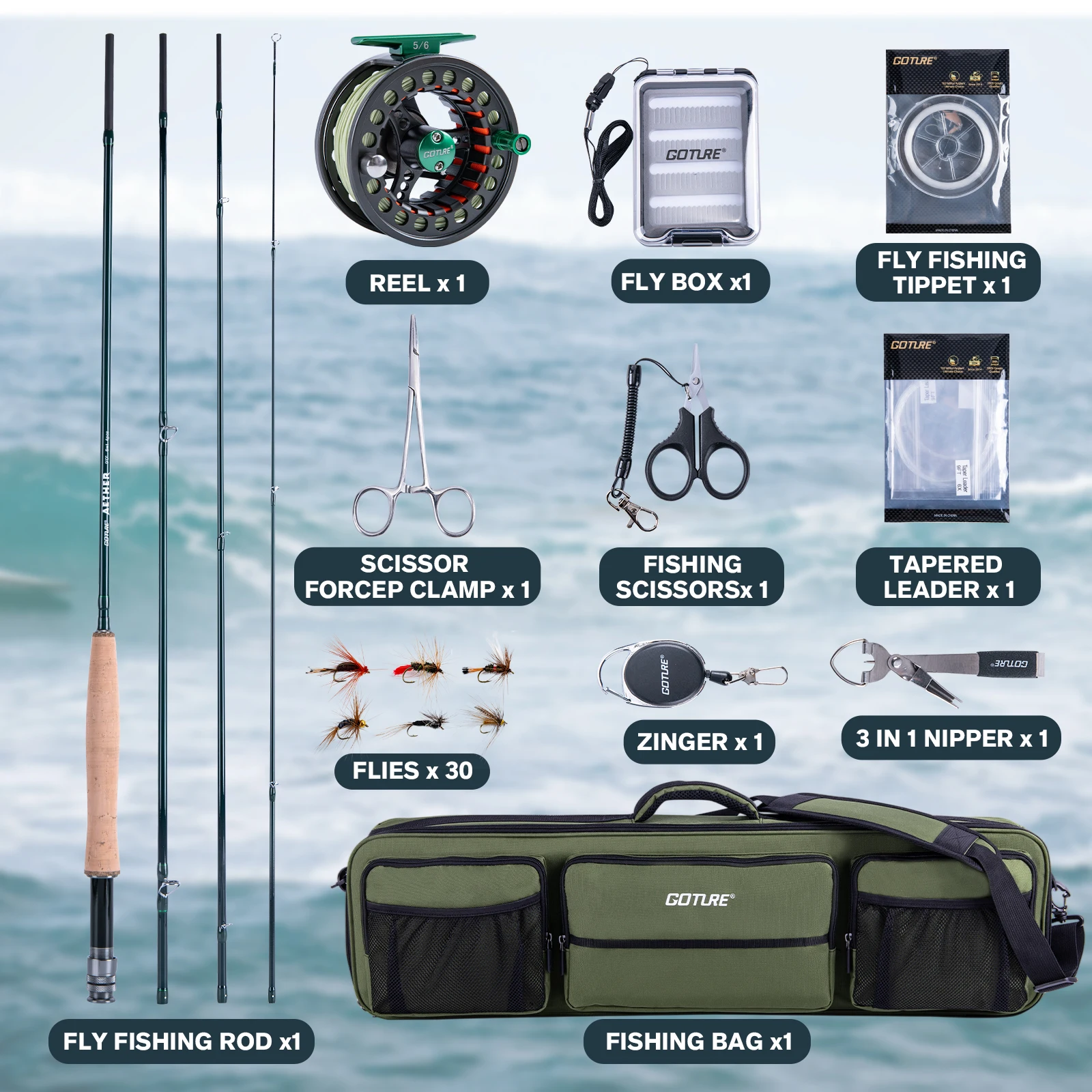 Juego de aparejos de pesca GOTURE, caña de fibra de carbono ultraligera 5/6, carrete, bolsa y 30 moscas, juego completo de equipo de pesca con mosca para lubina - imagen 2