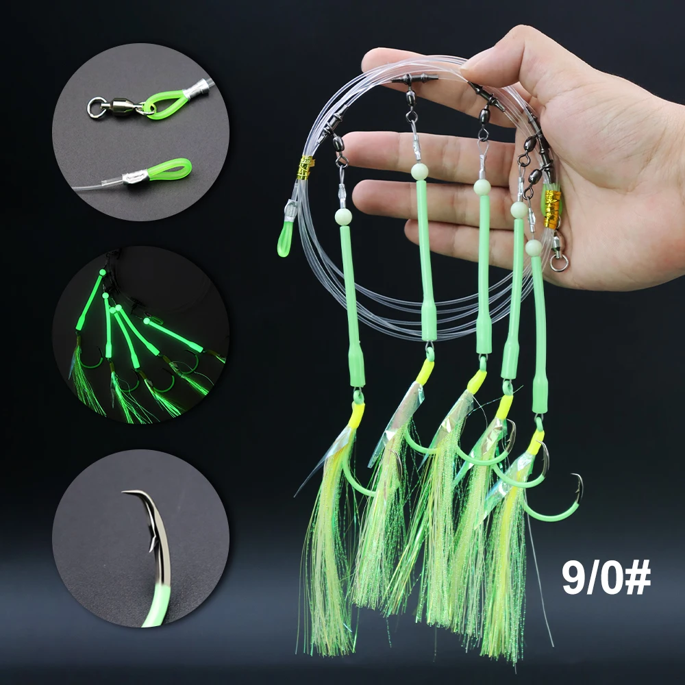 ZYZ 1 pieza de aparejos de caída profunda con 5 anzuelos circulares luminosos, aparejos de cebo de pesca para barcos de agua salada, Ideal para atún, bacalao, Redfish Marlin - imagen 2