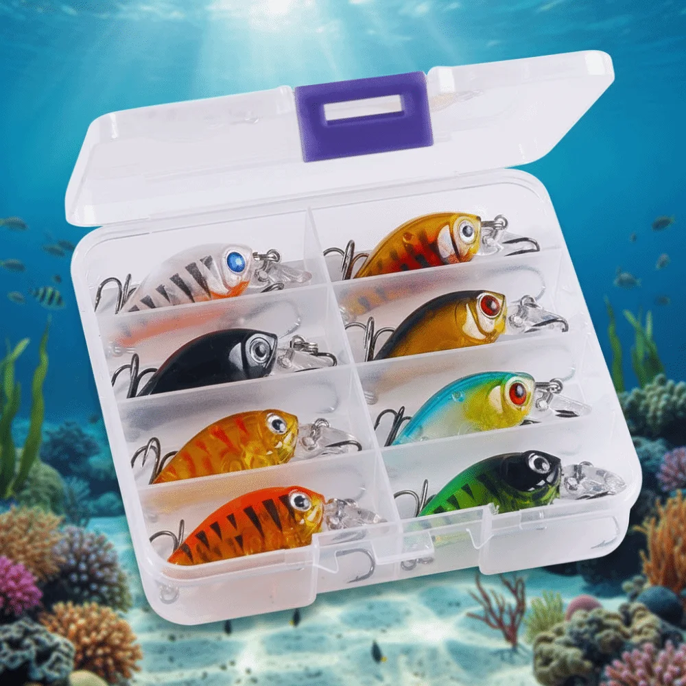 8pcs/box 3D Fish Eyes Artificial Fishing Bait with Box Crank Hook Fishing Lures Kit Colorful Realistic Fishing Crank Bait - imagen 3