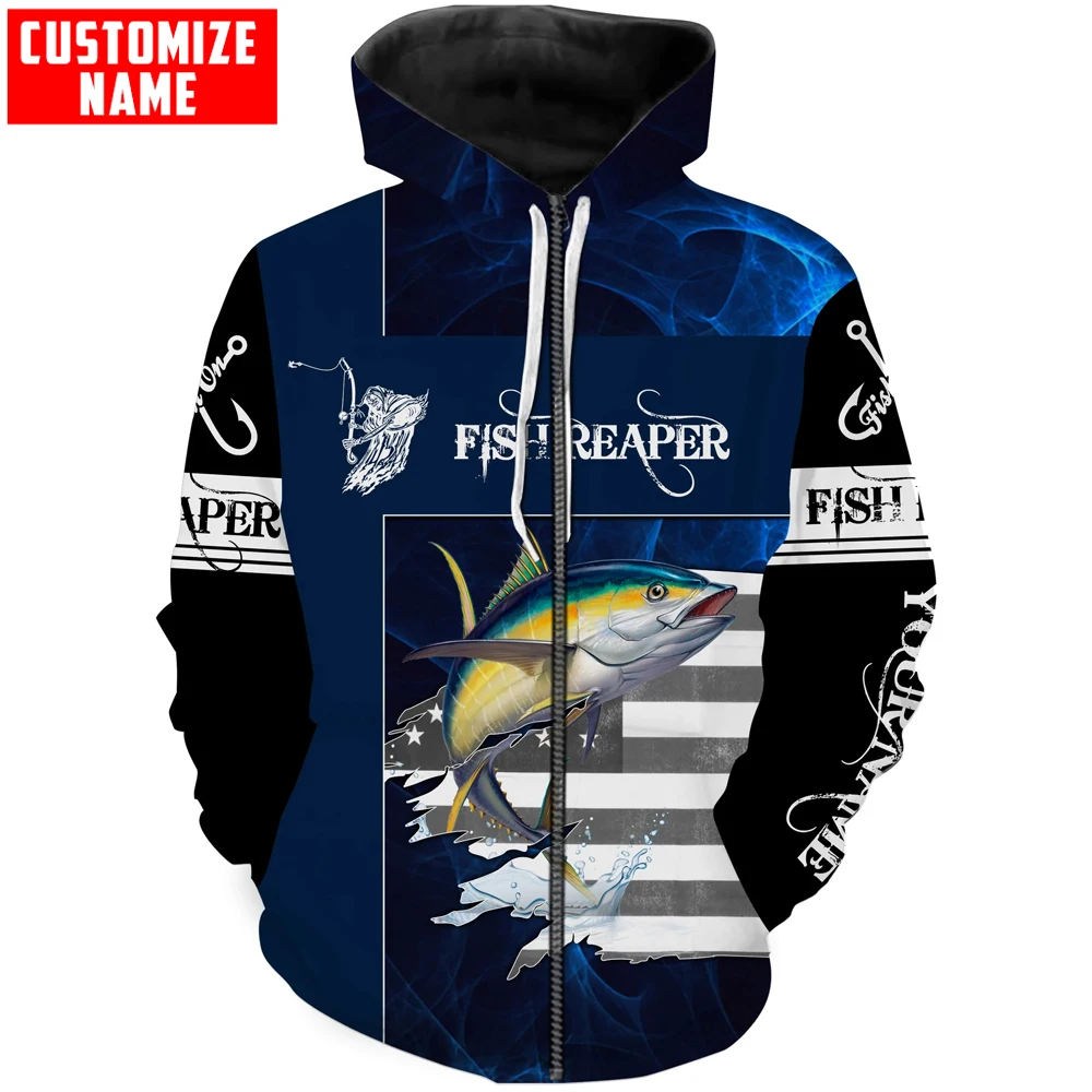 Fish Reaper Yellowfin Pesca al atún Nombre personalizado Sudadera con capucha y sudadera con estampado 3D para hombre Sudaderas con capucha con cremallera unisex Chándales casuales KJ917 - imagen 3
