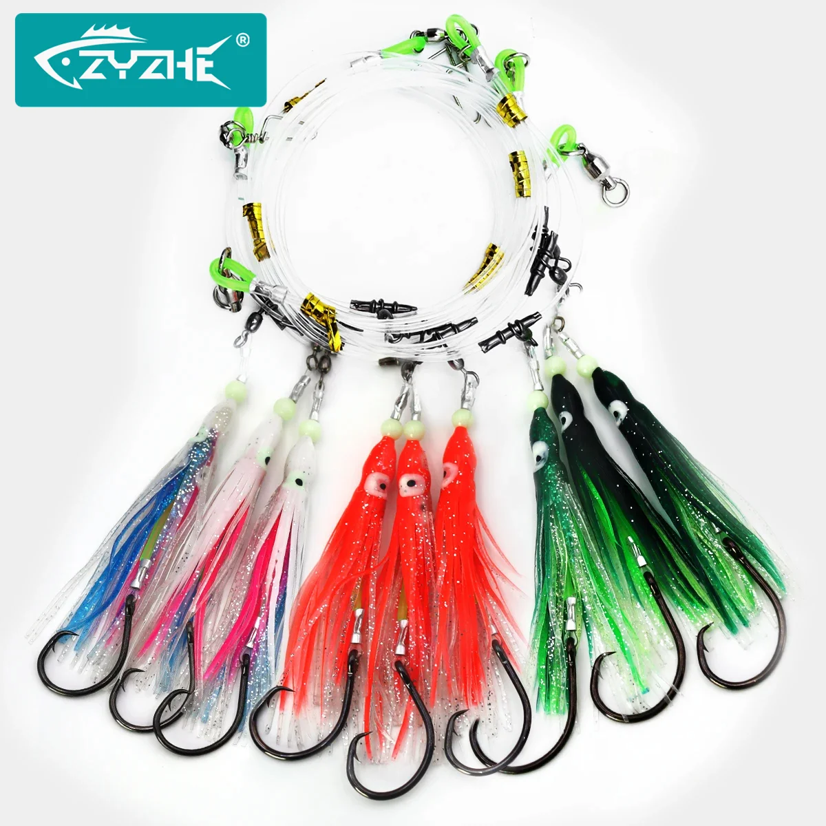 ZYZ Plataformas de pesca en el mar con 7/0 #   8/0 #   9/0 #   Anzuelos circulares negros, cebo falso de pulpo luminoso, anzuelos de pesca de agua salada