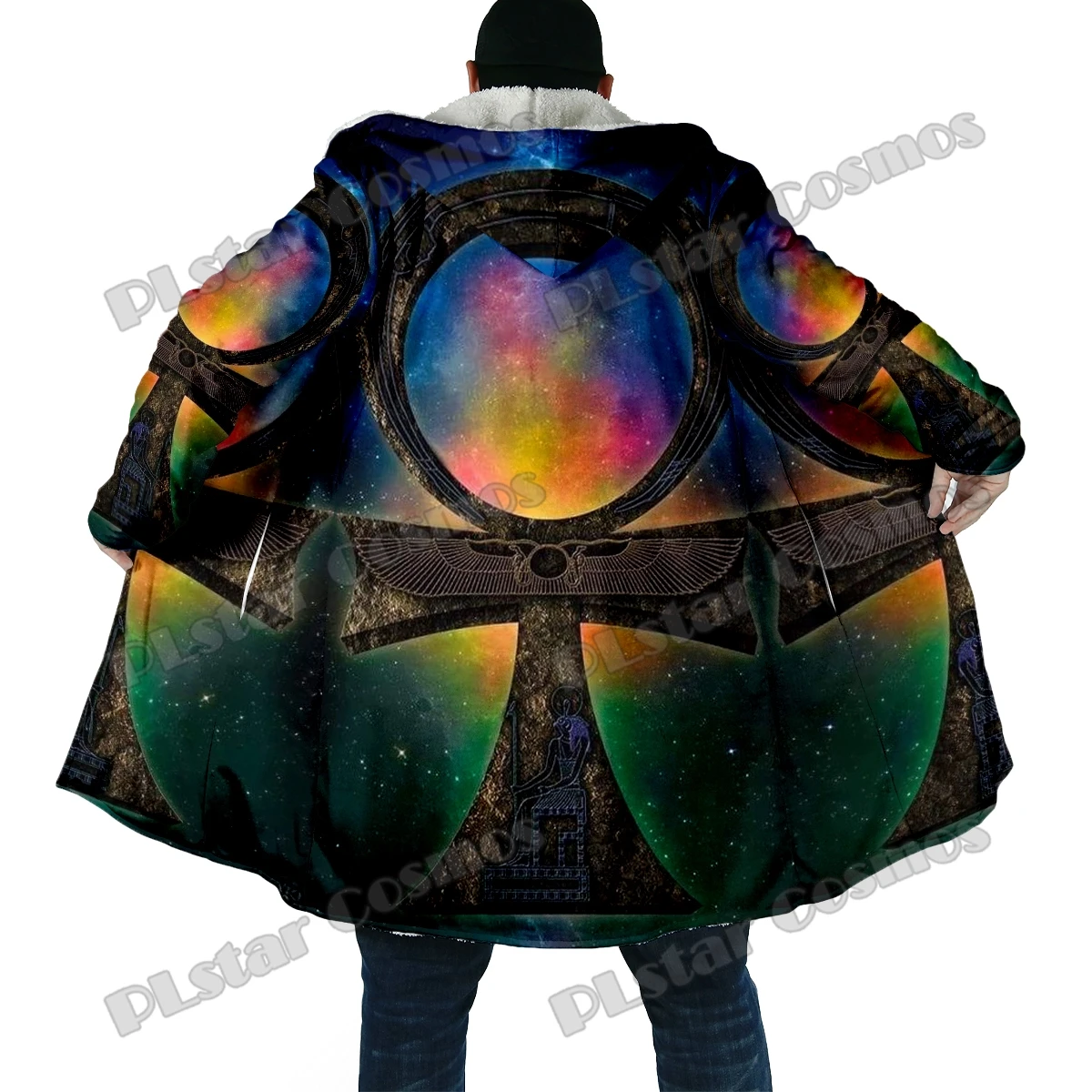 Capa de invierno a la moda para hombre, capa con capucha de lana gruesa con estampado 3D de Ankh y calavera del Antiguo Egipto, capa cálida informal Unisex DP37 - imagen 5