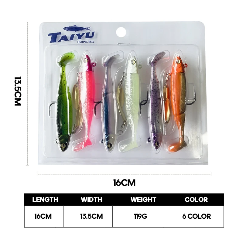 TAIYU, juego de 6 piezas, 9cm, 15g, anzuelo con cabeza de plomo, cola en T, señuelo de pesca envuelto en plomo, cebo suave, brillo nocturno, señuelo de pesca de mar, cebo suave im - imagen 2